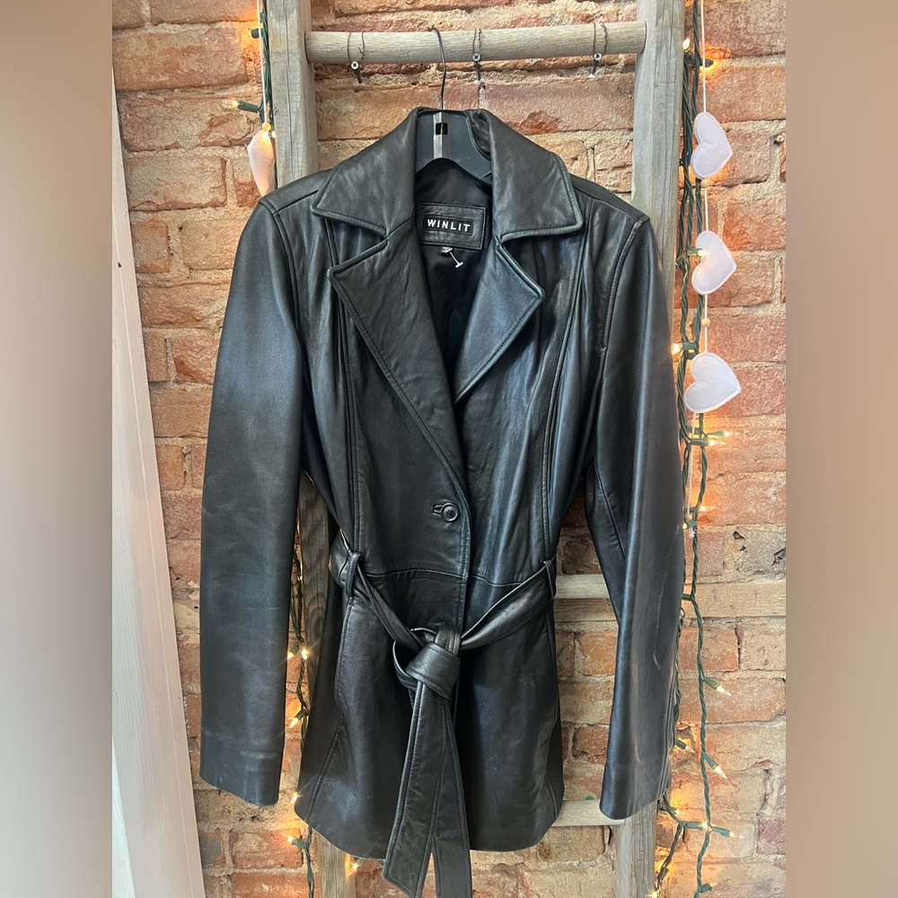 Winlit Women's Genuine Black Leather Belted Jacket